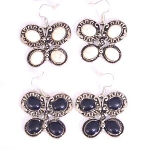 BLACK Antiqued silver semiprecious stone butterfly earrings